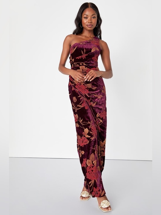 Lulus Dresses & Skirts - Lulus Unreal Awe Burgundy Floral Burnout Velvet One-Shoulder Dress